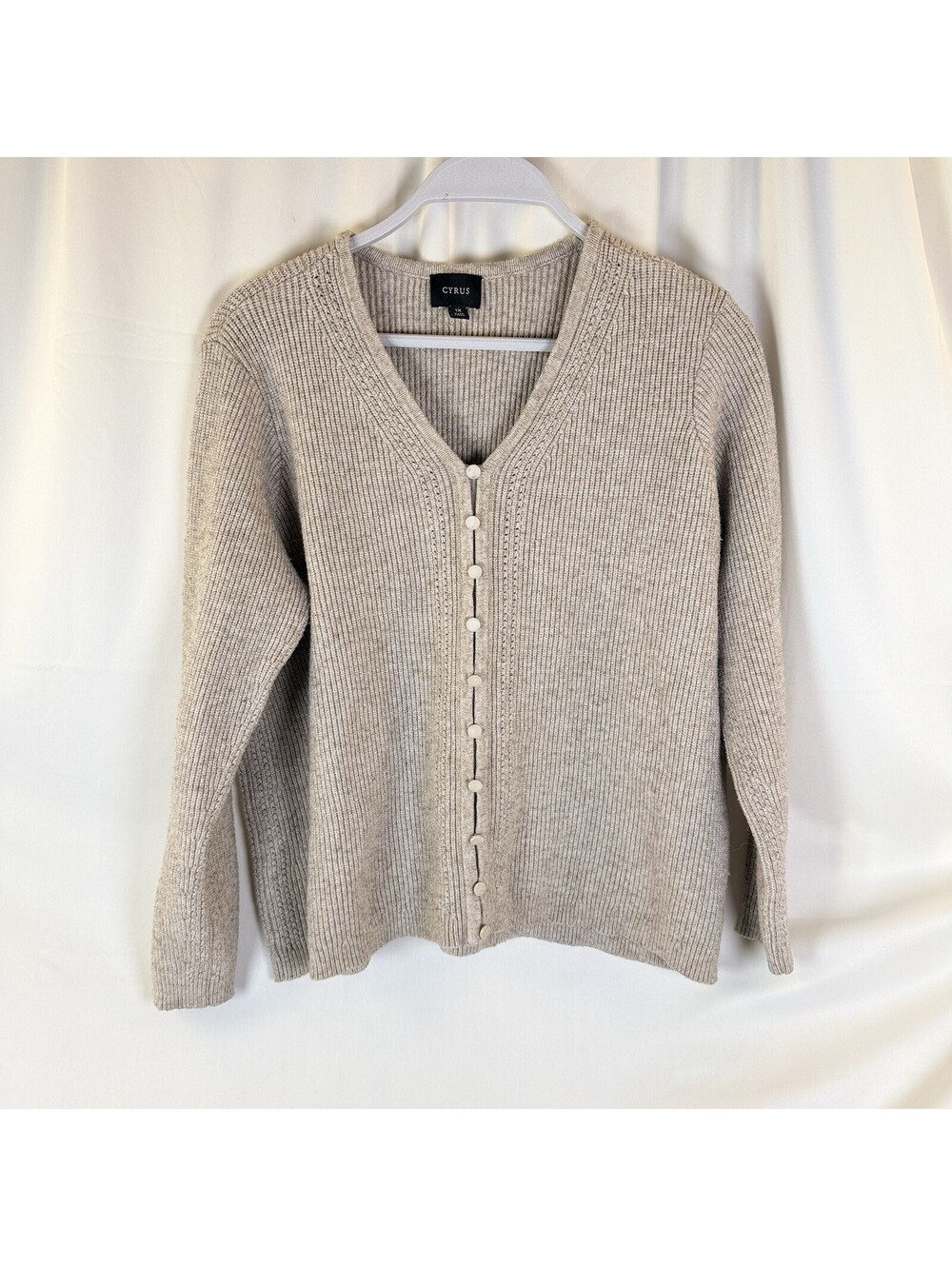 Cyrus Knit Sweater | Women’s Neutral Heather Beige Faux Button Front 1X Detail